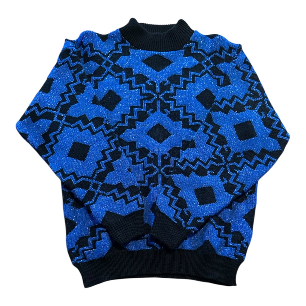 Vintage Blue Black Sparkle Geometric Sweater Made in USA Cozy M Winter Lurex